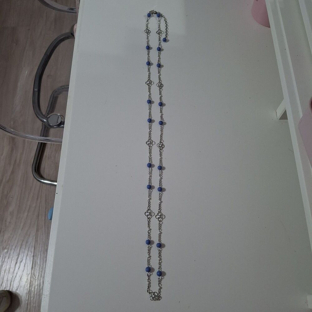 Blue Beaded White Rhinestone Flower Silver Tone Chain Long Strand Necklace